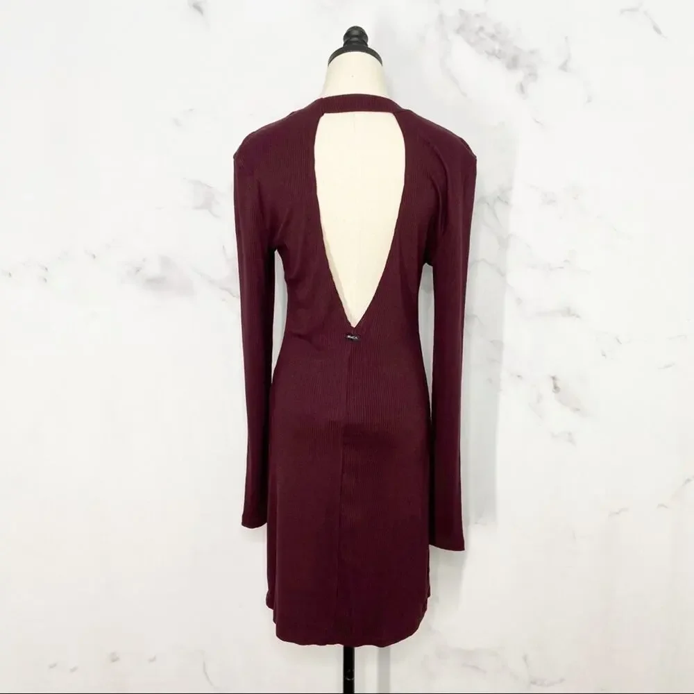 NWT RVCA Latte Back Cutout Dress Burgundy Bodycon High Neck Party Size L